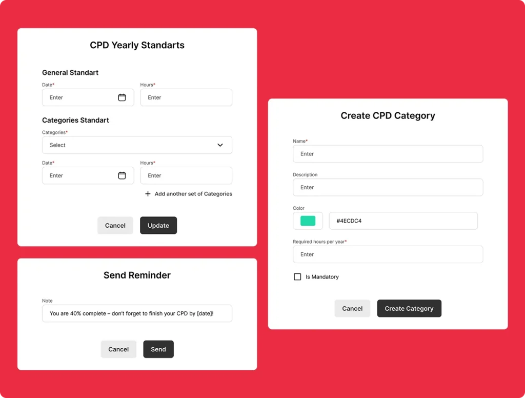 Setting CPD yearly standards, creating a CPD category and sending a reminder