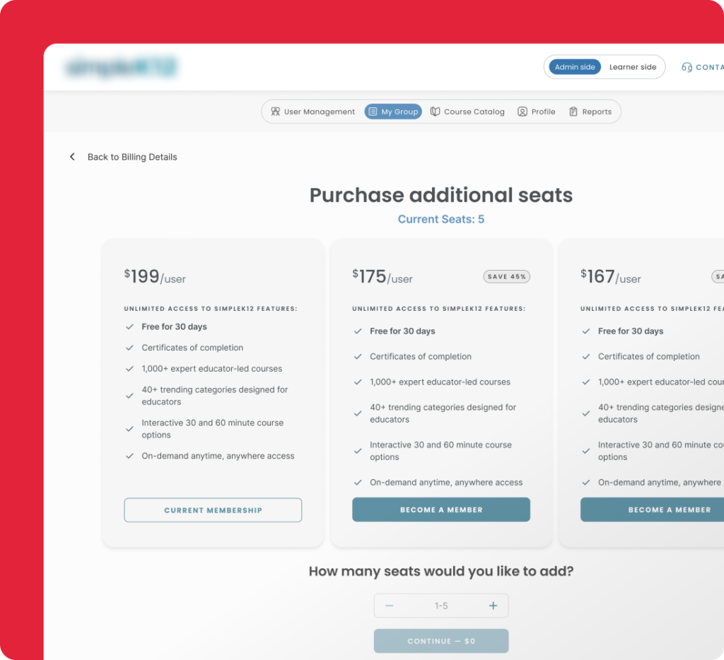 Purchase additional seats screen in a custom LMS