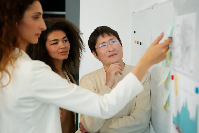 Team planning an LMS project at a whiteboard