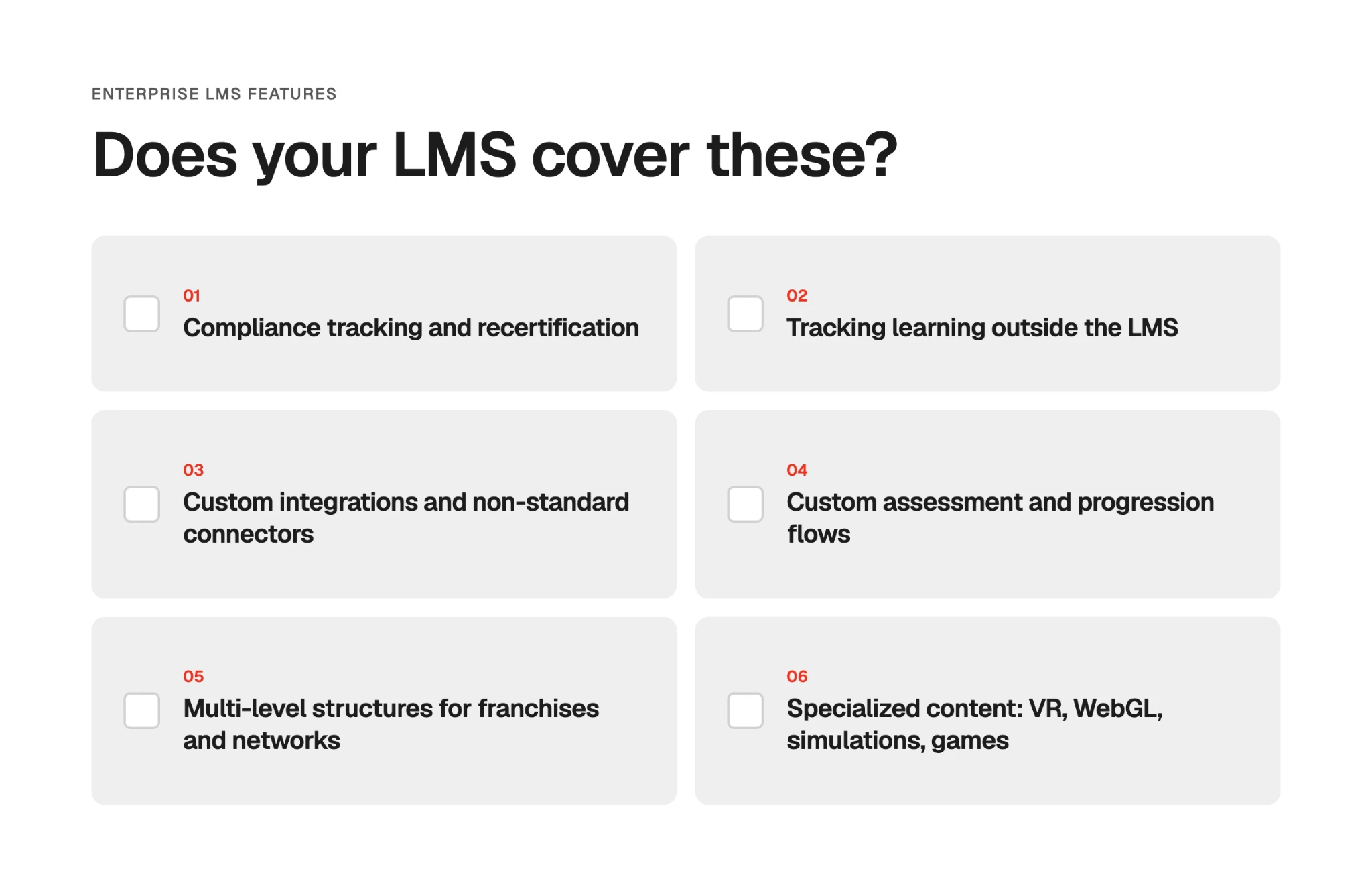 “Does your LMS cover these?” listing six enterprise LMS features: compliance tracking and recertification, tracking learning outside the LMS, custom integrations, custom assessment flows, multi-level structures, and specialized content such as VR