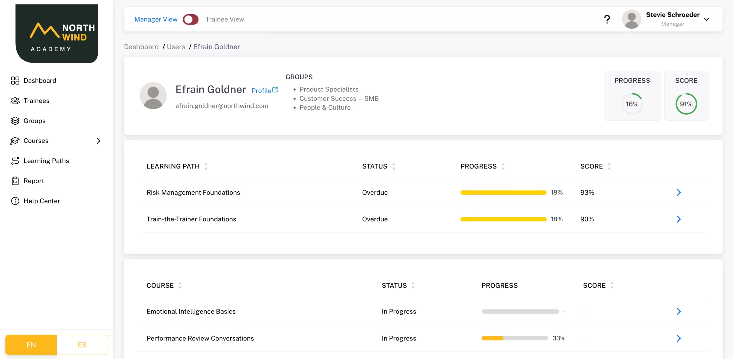 Learner statistics for a manager: groups, overall progress and score, learning paths and course status