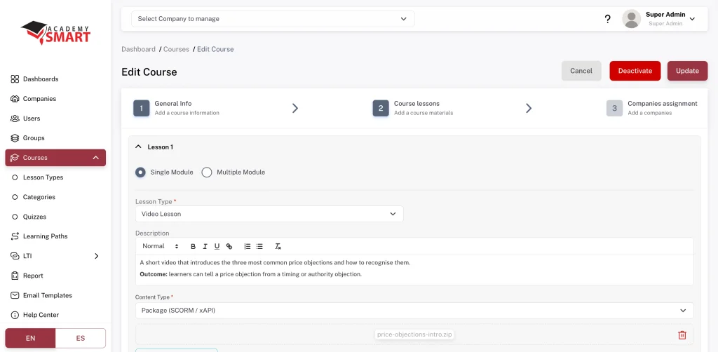 Academy Smart LMS course builder: lessons with lesson type, description and SCORM / xAPI package upload