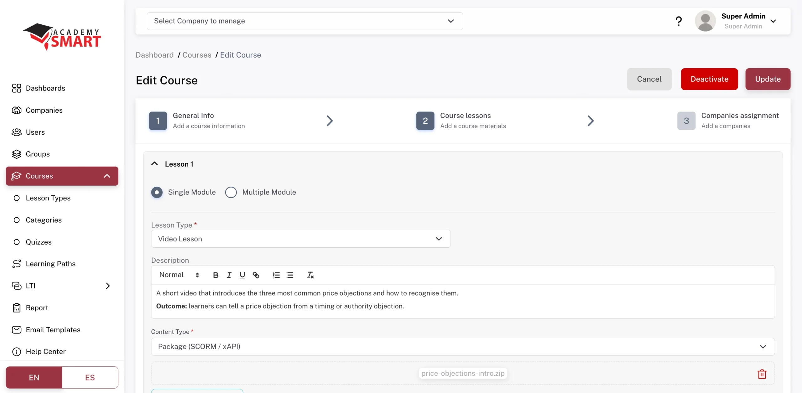 Course builder: lessons with lesson type, description and SCORM / xAPI package upload