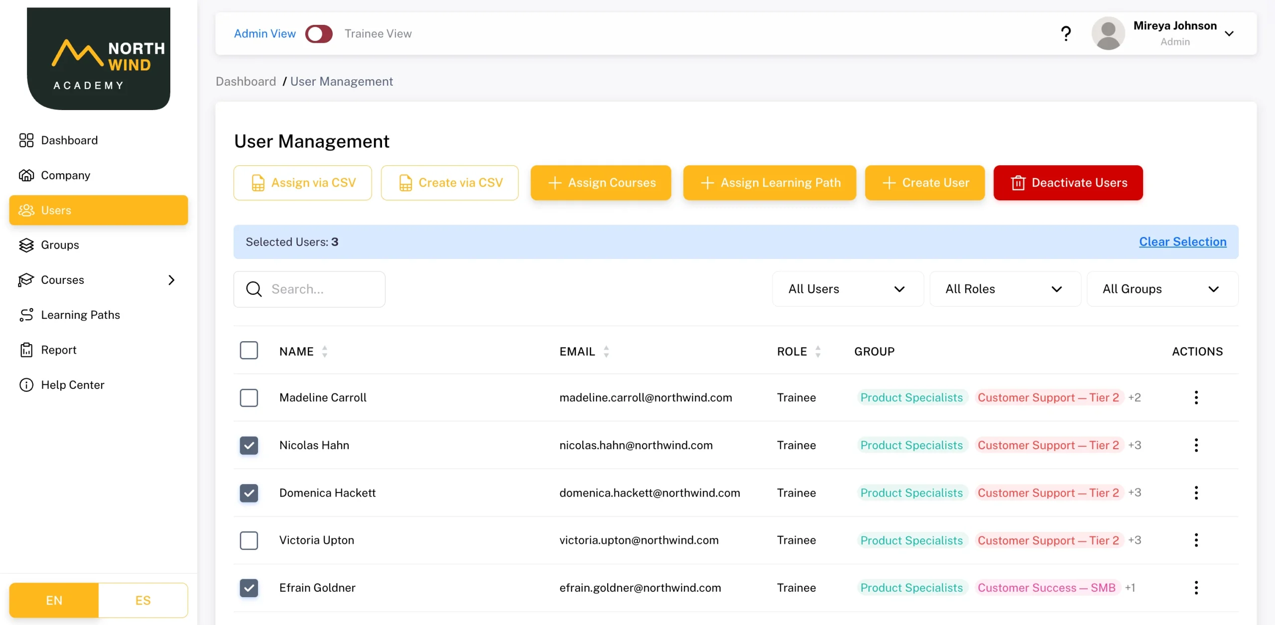 User management with CSV import, bulk course and learning path assignment, role and group filters