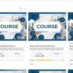 Academy Smart LMS trainee course cards with duration, start date, deadline, progress and score
