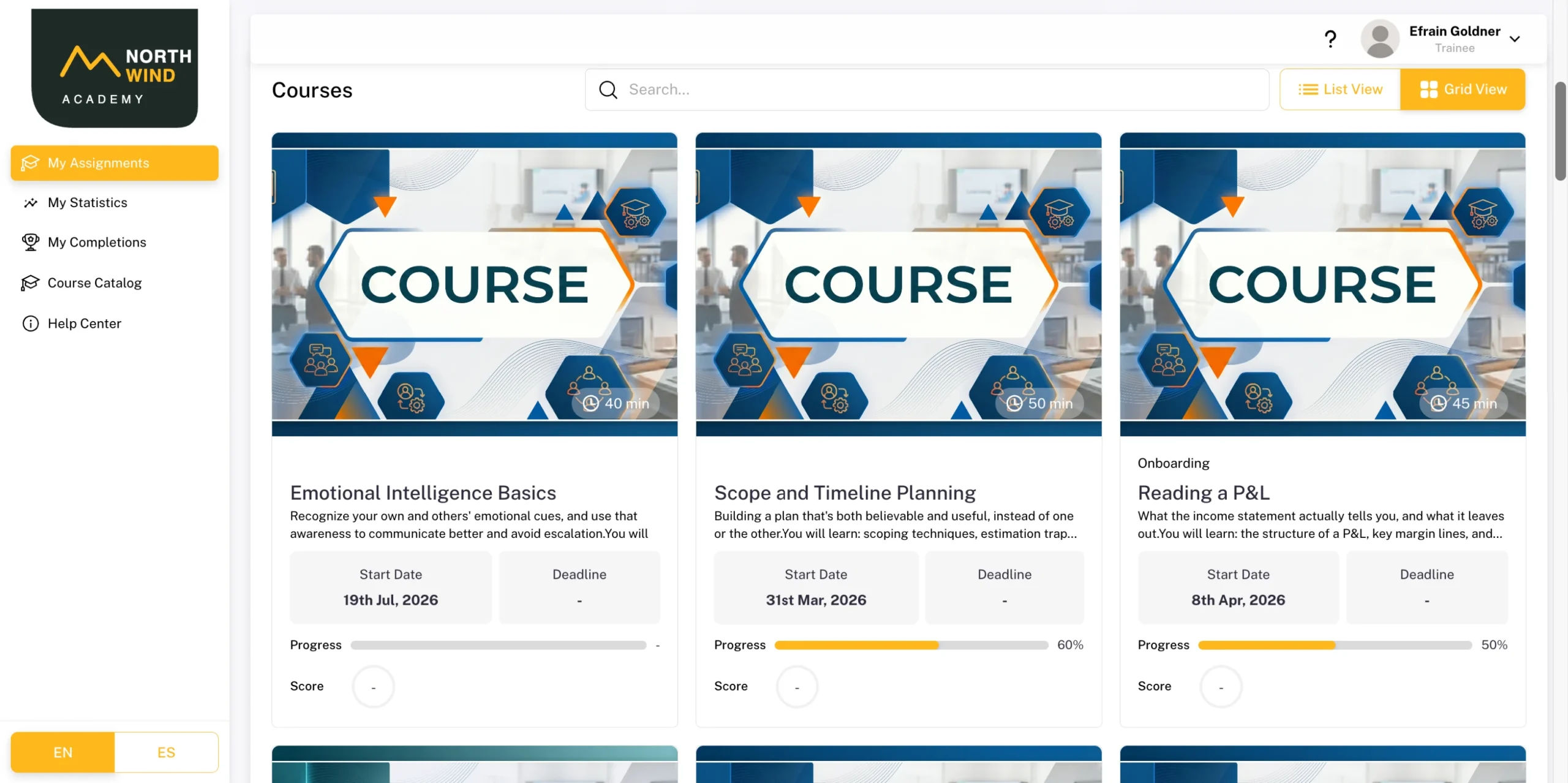 Trainee course cards with duration, start date, deadline, progress and score